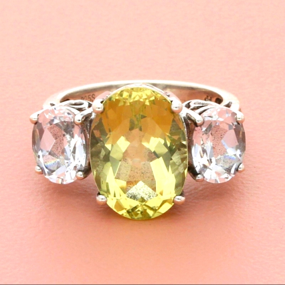 Large citrine and white topaz ring. Size 6.75 ring set in sterling silver.